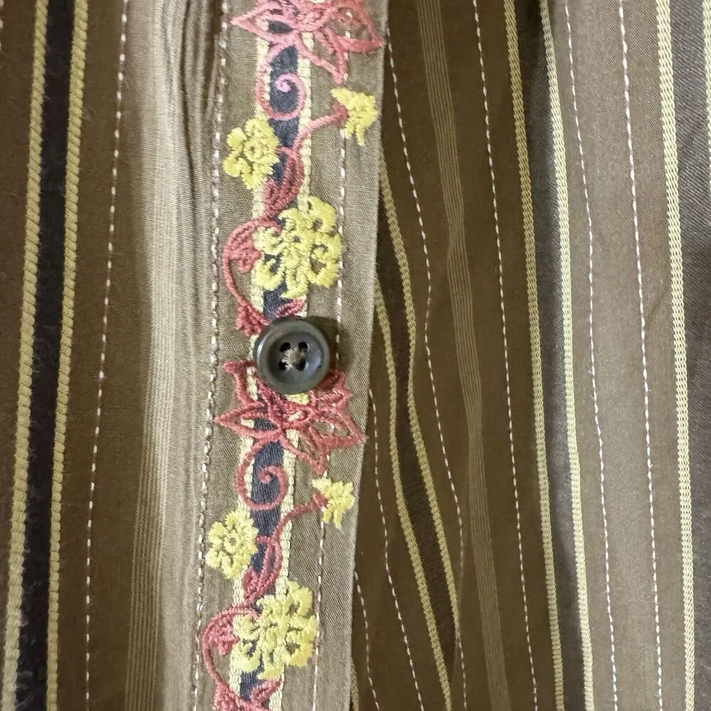Tommy‎ Bahama Mens Cotton Button Up Shirt Brown w/ Stipes Floral Trim - Xl